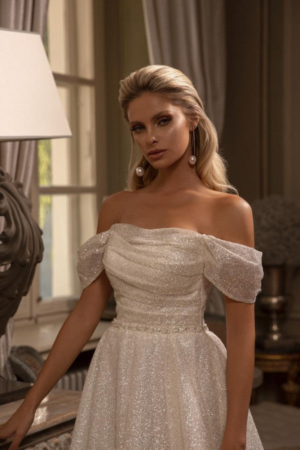 Off-the-Shoulder Sequins Wedding Dresses Long With Pleats