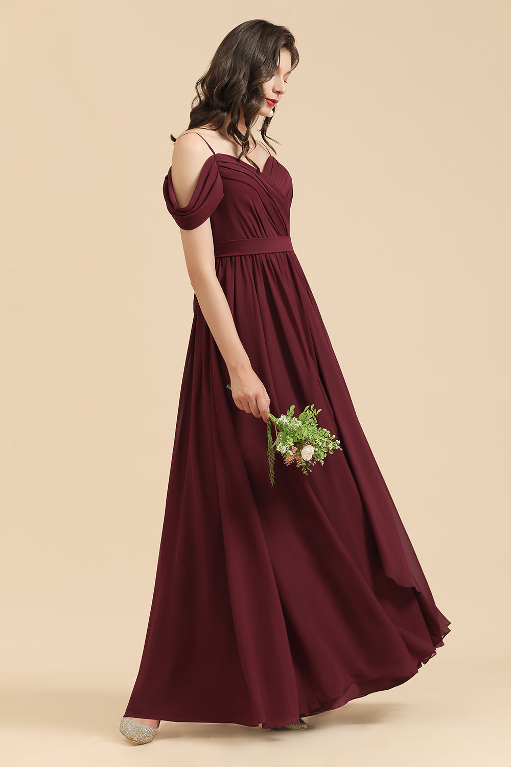 Off-the-Shoulder Sweetheart Burgundy Long Bridesmaid Dresses With Slit