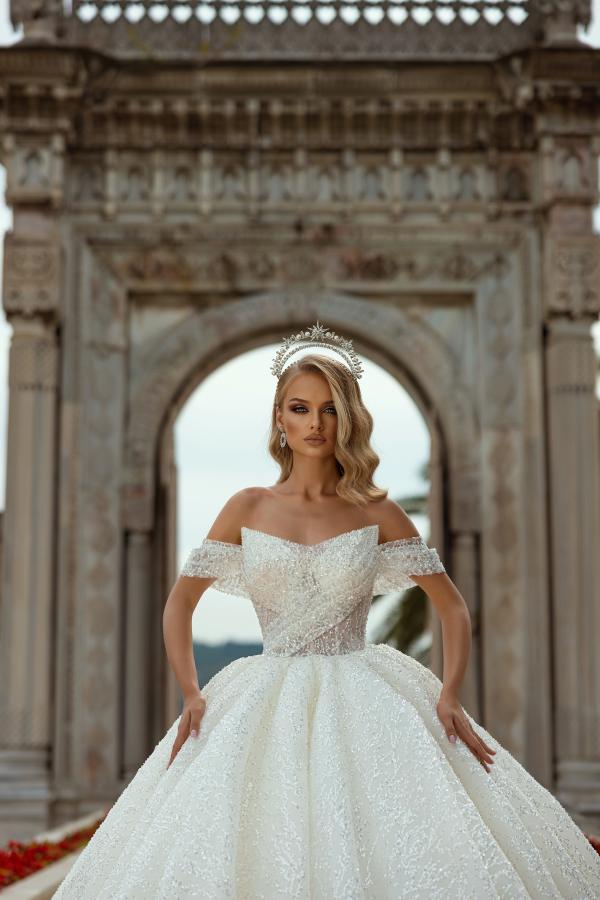 Off-the-Shoulder Wedding Dress Ball Gown With Lace Sequins