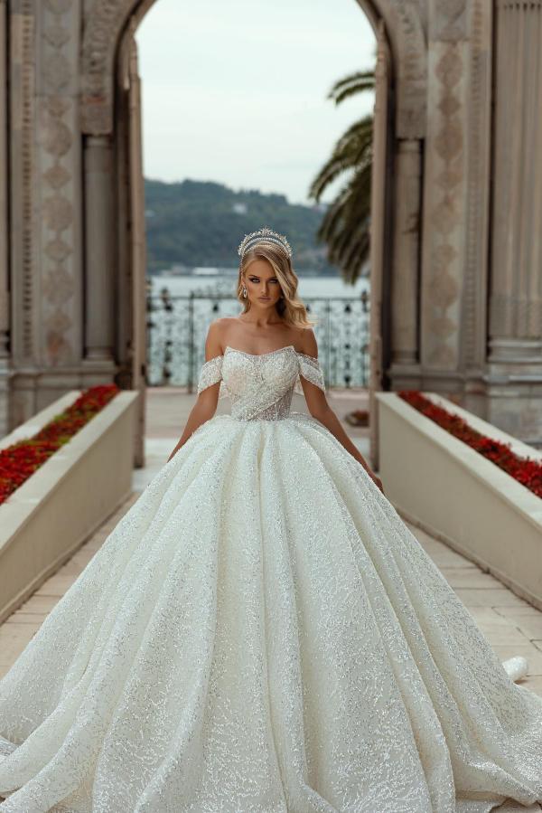 Off-the-Shoulder Wedding Dress Ball Gown With Lace Sequins