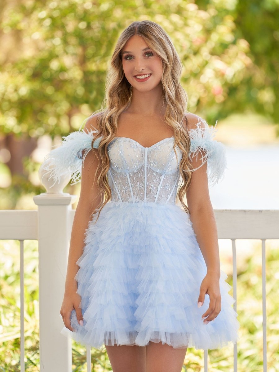 Sevoba|A Line Off the Shoulder Sky Blue Homecoming Dress with Feather