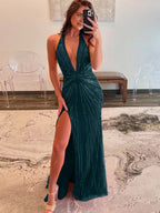 Ollie | Fuchsia Halter Mermaid Beaded Prom Dress With Split