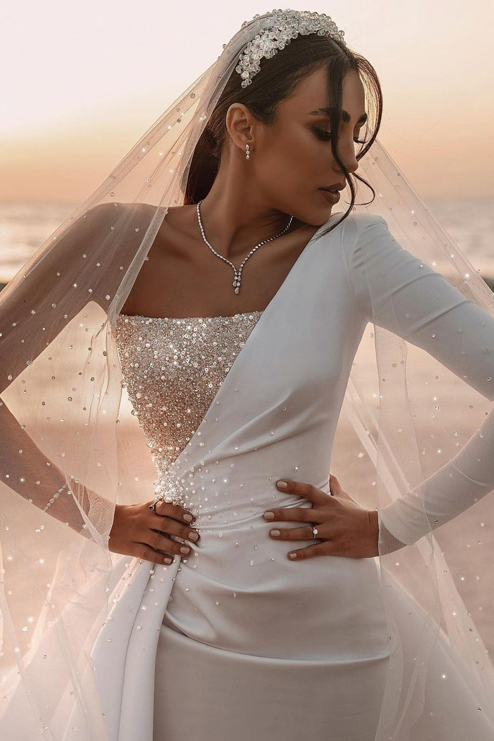 One Shoulder Long Sleeves Wedding Dress Sequins Bridal Gown