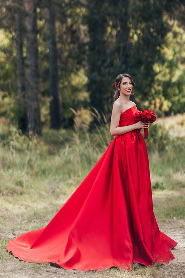 One Shoulder Red Wedding Dress Princess Long Wedding Reception Dress