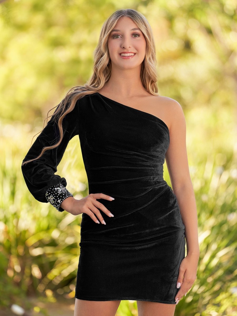 Sevoba|Navy Blue Sheath One-Shoulder Long Sleeve Homecoming Dress