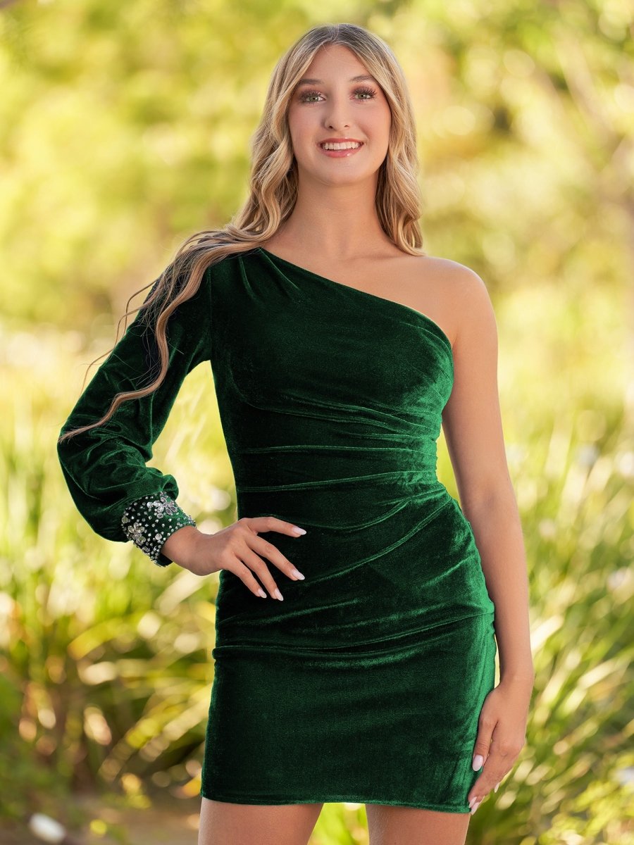Sevoba|Navy Blue Sheath One-Shoulder Long Sleeve Homecoming Dress