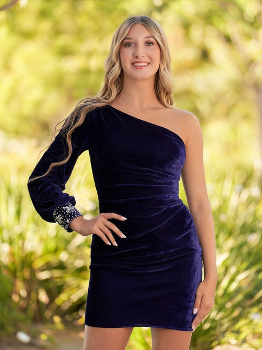 Sevoba|Navy Blue Sheath One-Shoulder Long Sleeve Homecoming Dress