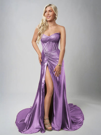 Sevoba|Mermaid Gold Satin Corset Long Prom Dresses with Slit