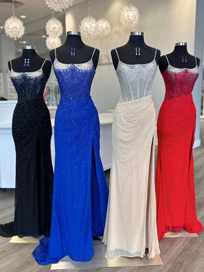 Spaghetti Straps Beaded Mermaid Prom Dress with Slit