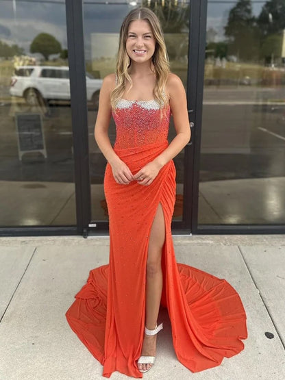 Spaghetti Straps Beaded Mermaid Prom Dress with Slit