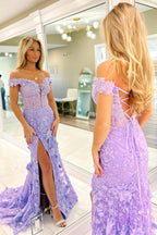 Paradis | Off The Shoulder Floral Lace Long Prom Dress With Split