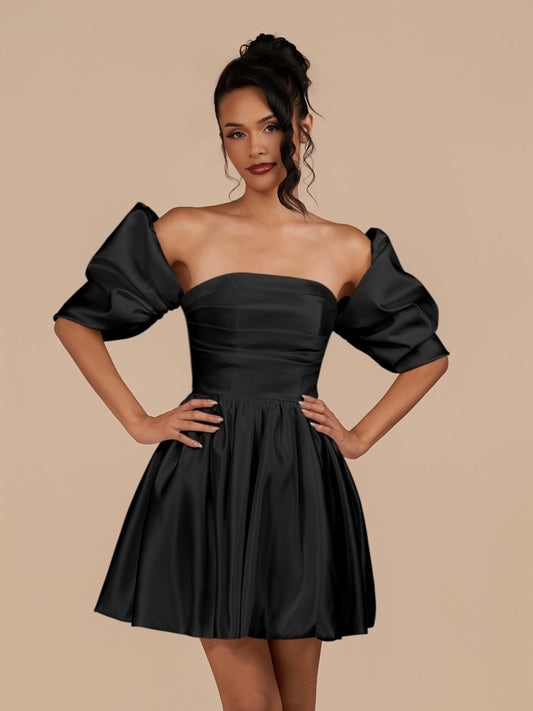 Sevoba|Black - A Line Satin Square Neck Puffed Sleeves Short Homecoming Dresses