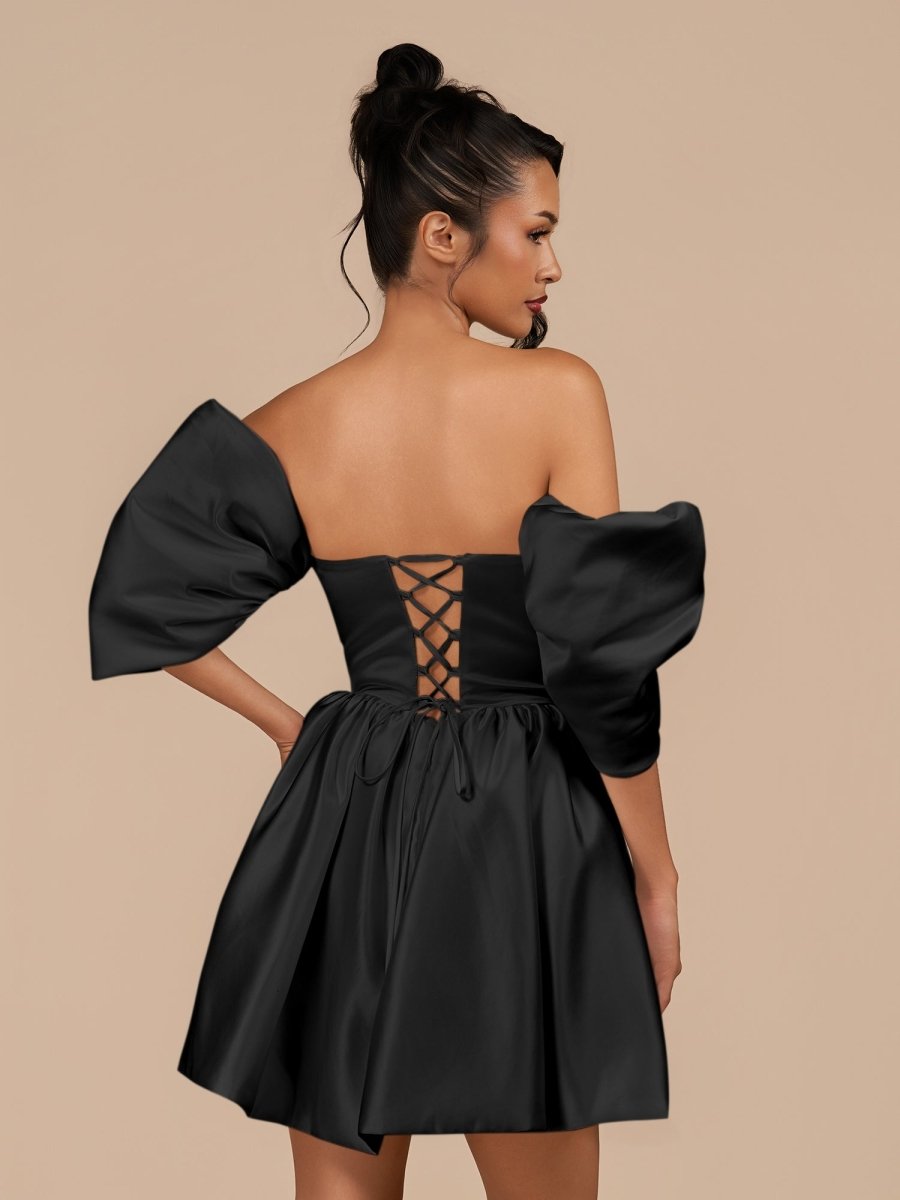 Sevoba|Black - A Line Satin Square Neck Puffed Sleeves Short Homecoming Dresses