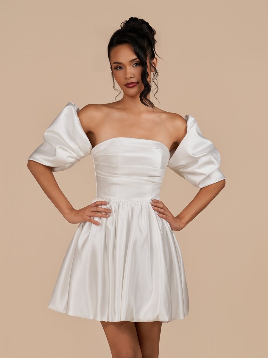 Sevoba|Ivory - A Line Satin Square Neck Puffed Sleeves Short Homecoming Dresses