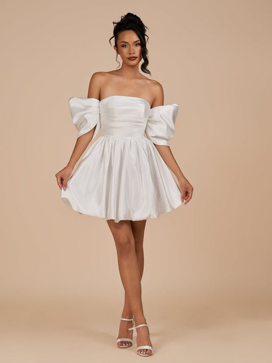 Sevoba|Ivory - A Line Satin Square Neck Puffed Sleeves Short Homecoming Dresses