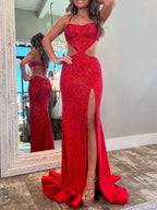 Petra | Red Spaghetti Straps Cutout Beaded Mermaid Long Dress With Split