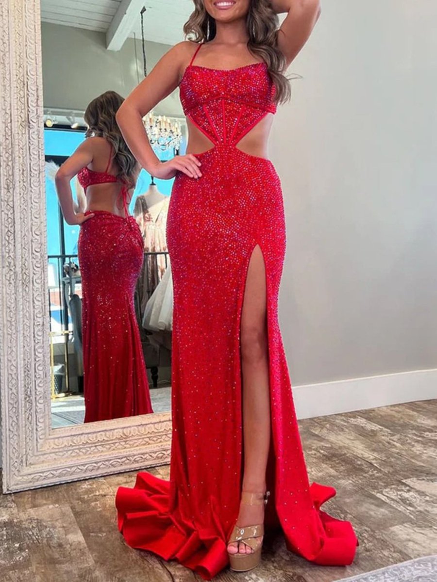 Petra | Red Spaghetti Straps Cutout Beaded Mermaid Long Dress With Split