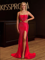 Petra | Red Spaghetti Straps Cutout Beaded Mermaid Long Dress With Split