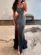 Petra | Red Spaghetti Straps Cutout Beaded Mermaid Long Dress With Split