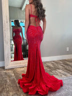 Petra | Red Spaghetti Straps Cutout Beaded Mermaid Long Dress With Split