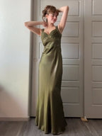 Philomena | Olive Green Sheath Satin Beaded Long Prom Dresses