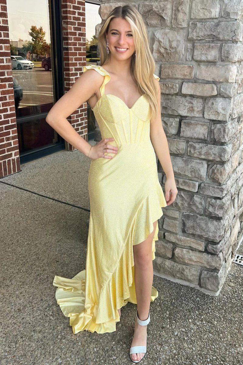 Phyllis | Mermaid Yellow Spaghetti Straps Satin Beaded Long Prom Dress