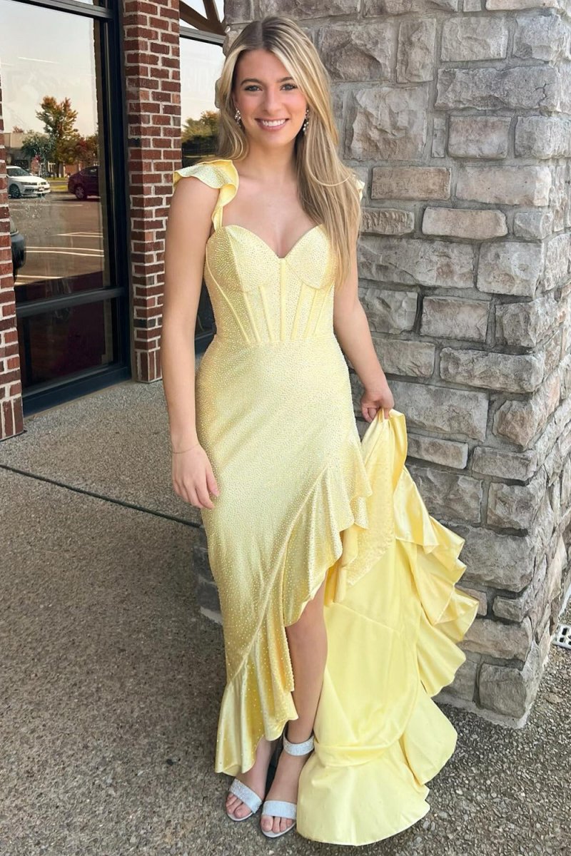 Phyllis | Mermaid Yellow Spaghetti Straps Satin Beaded Long Prom Dress