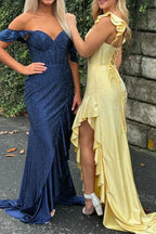 Phyllis | Mermaid Yellow Spaghetti Straps Satin Beaded Long Prom Dress