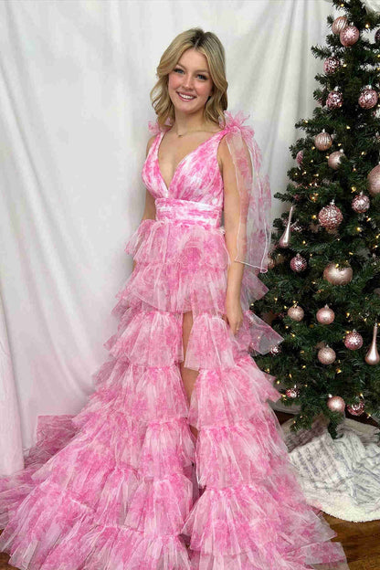 V-Neck Tie Straps Red Floral Print Layered Long Prom Dress