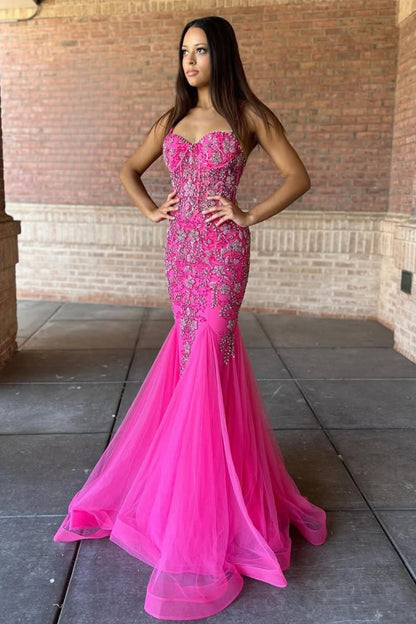 Oakleigh | Pink Beaded Spaghetti Strap Trumpet Long Gown