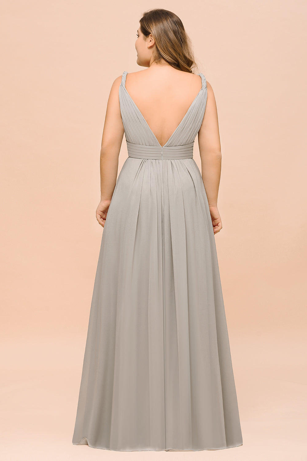 Plus Size Chiffon V-neck Sleeveless Affordable Bridesmaid Dresses with Ruffle