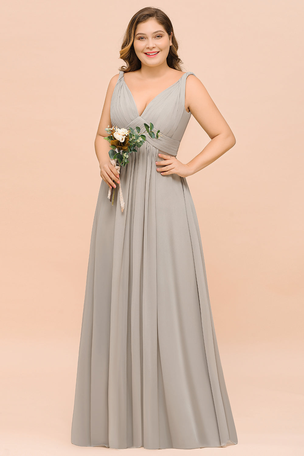 Plus Size Chiffon V-neck Sleeveless Affordable Bridesmaid Dresses with Ruffle