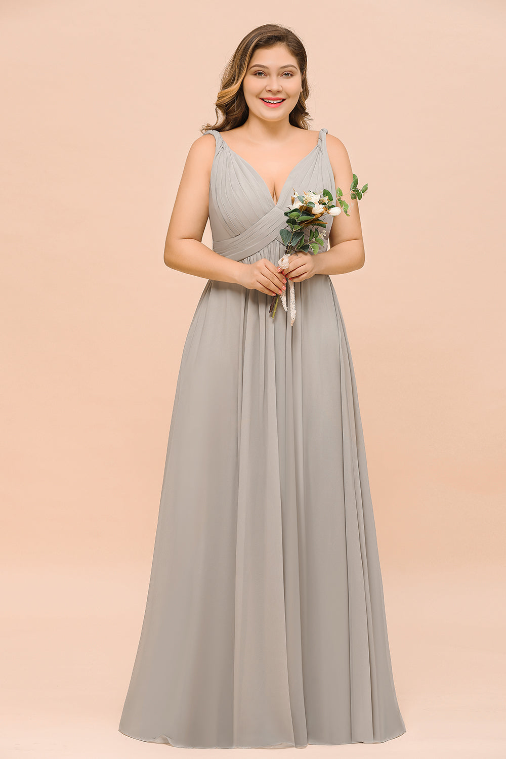 Plus Size Chiffon V-neck Sleeveless Affordable Bridesmaid Dresses with Ruffle