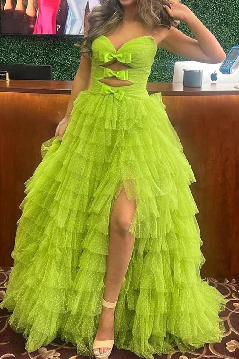 Polka Dot Strapless Ruffle Tiered Prom Gown with Keyholes