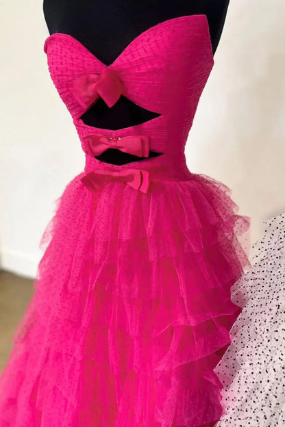 Polka Dot Strapless Ruffle Tiered Prom Gown with Keyholes