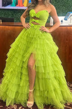 Polka Dot Strapless Ruffle Tiered Prom Gown with Keyholes