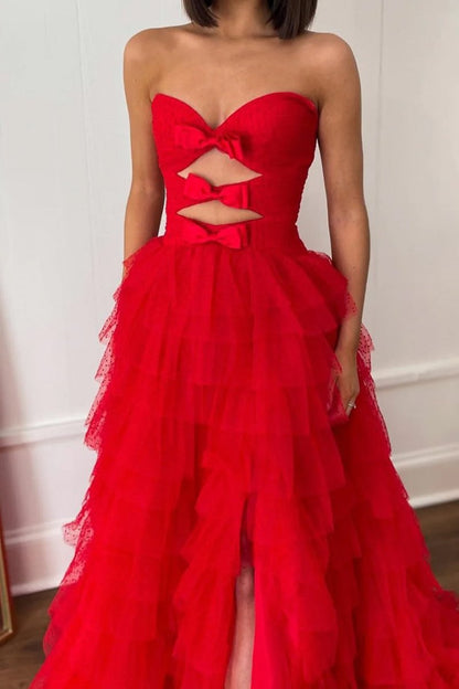 Polka Dot Strapless Ruffle Tiered Prom Gown with Keyholes