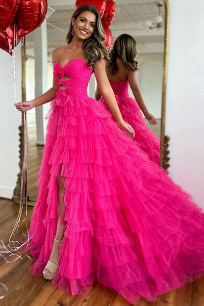 Polka Dot Strapless Ruffle Tiered Prom Gown with Keyholes