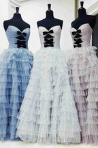 Polka Dot Strapless Ruffle Tiered Prom Gown with Keyholes