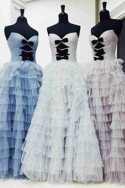 Polka Dot Strapless Ruffle Tiered Prom Gown with Keyholes