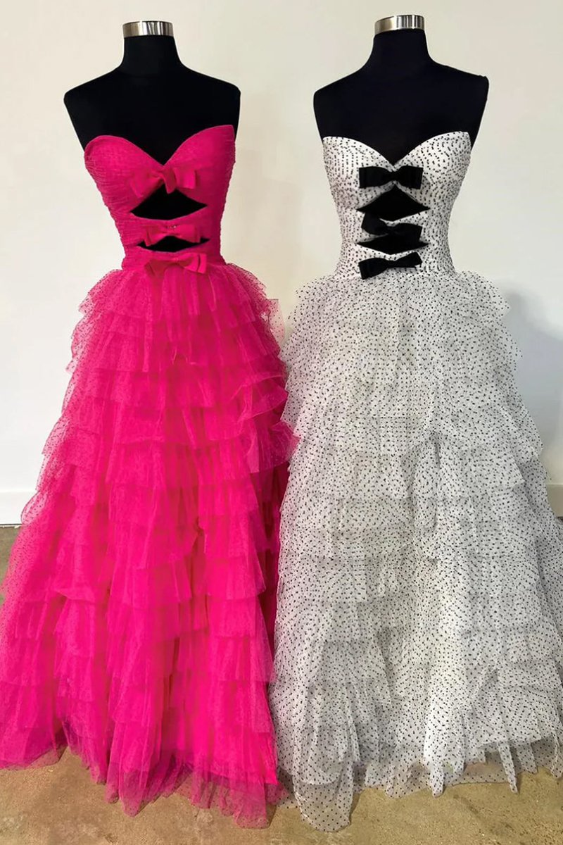 Polka Dot Strapless Ruffle Tiered Prom Gown with Keyholes