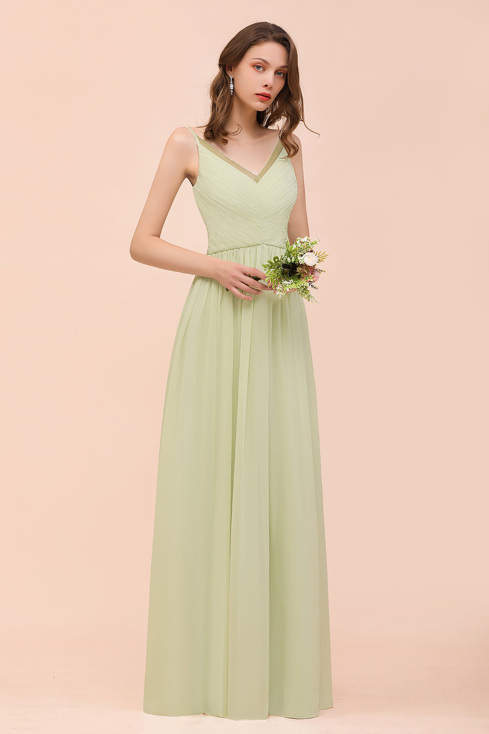 Popular V-Neck Sage Chiffon Affordable Bridesmaid Dresses with Low Back