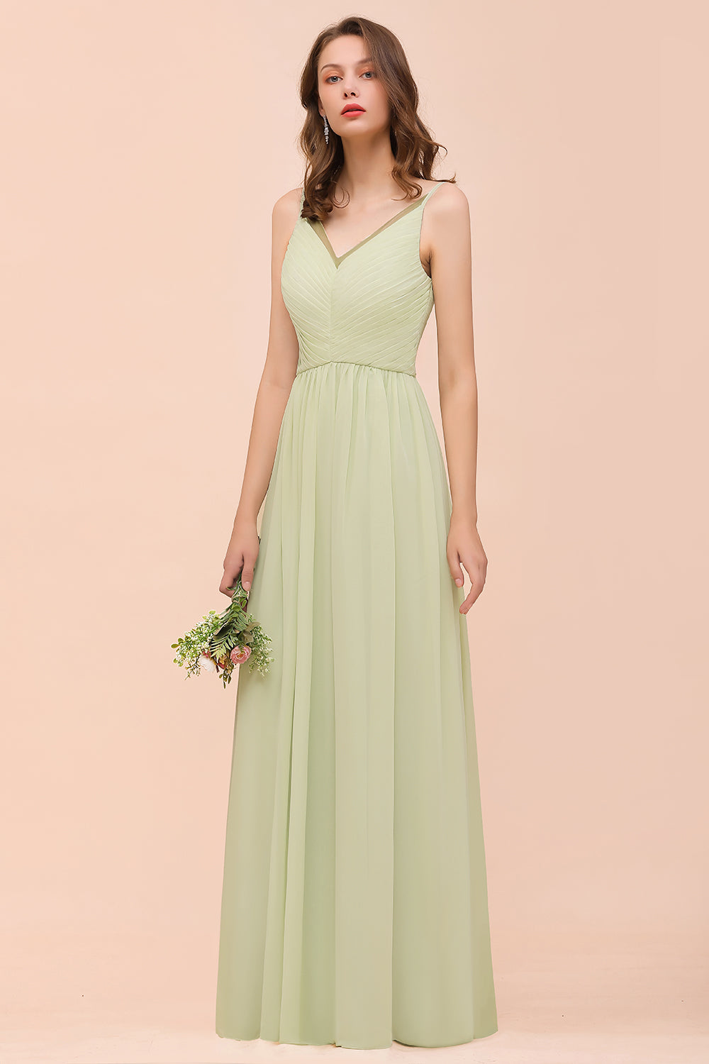 Popular V-Neck Sage Chiffon Affordable Bridesmaid Dresses with Low Back