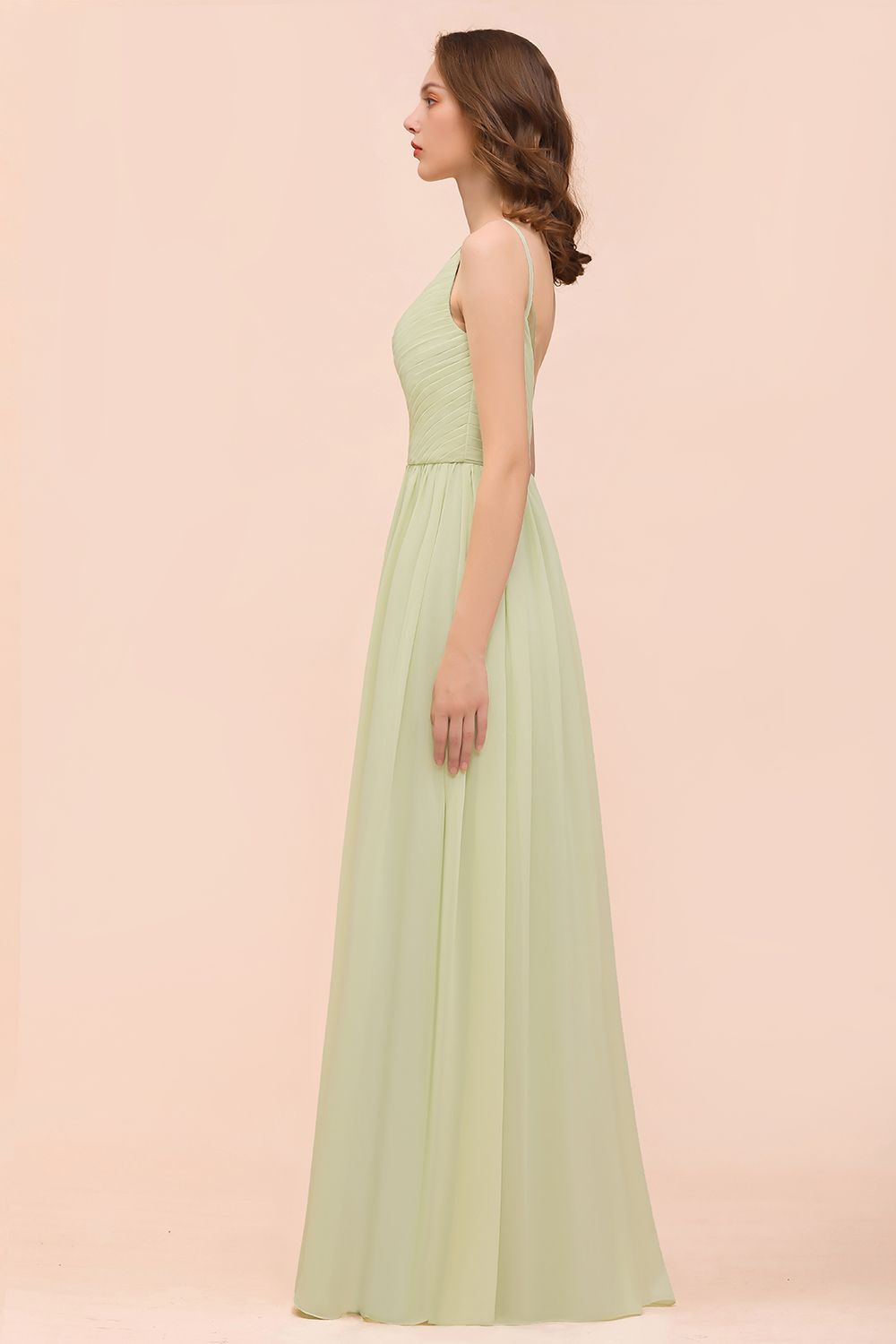 Popular V-Neck Sage Chiffon Affordable Bridesmaid Dresses with Low Back