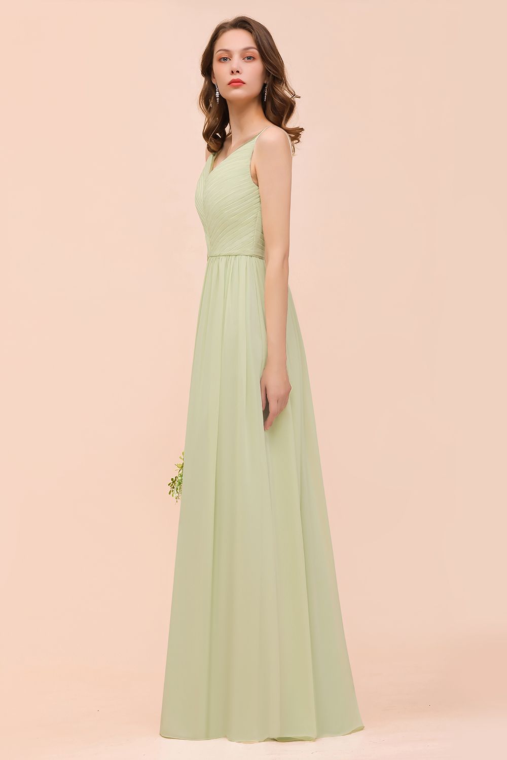 Popular V-Neck Sage Chiffon Affordable Bridesmaid Dresses with Low Back