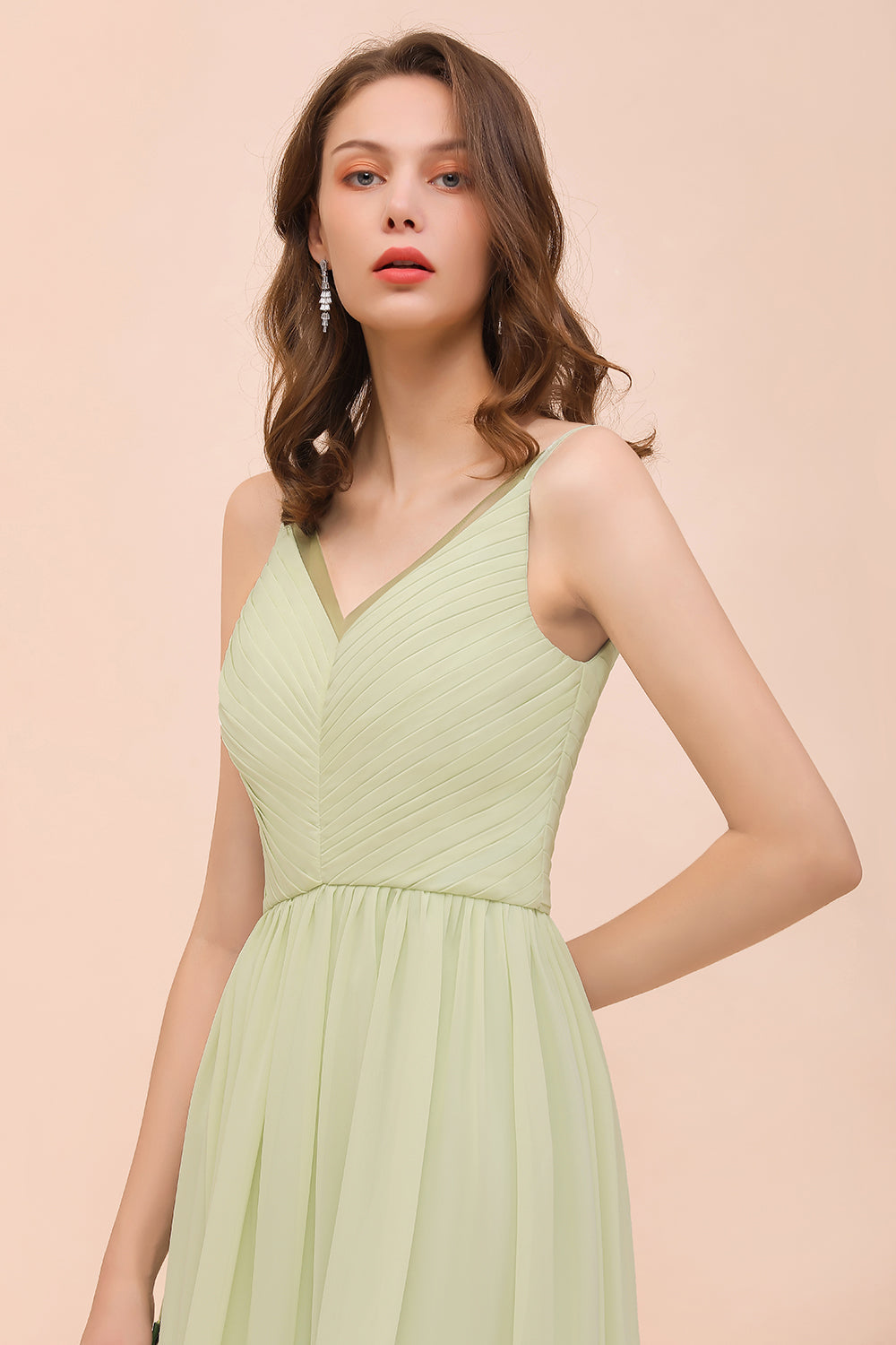 Popular V-Neck Sage Chiffon Affordable Bridesmaid Dresses with Low Back