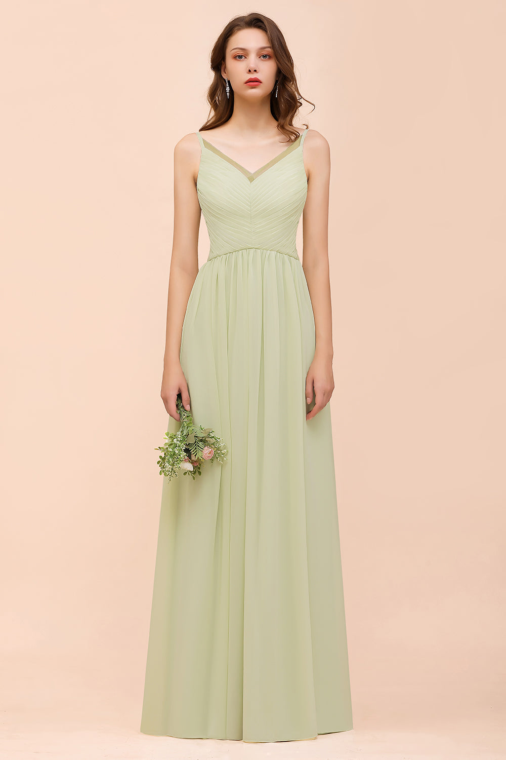 Popular V-Neck Sage Chiffon Affordable Bridesmaid Dresses with Low Back