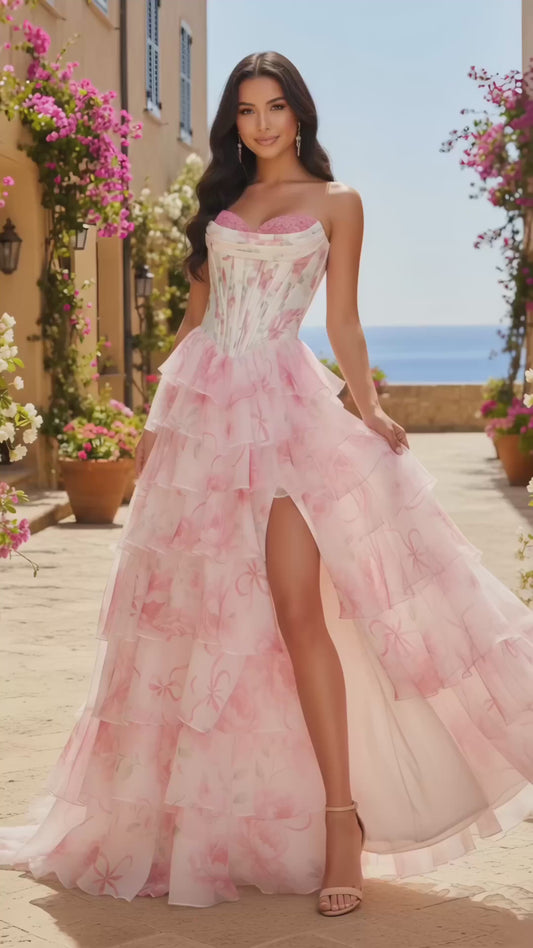Floral Print Strapless Tiered Ruffle Corset Prom Dress with Slit | Sevoba