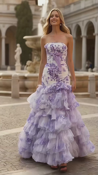 Strapless Floral Tiered Mermaid Prom Dress | Sevoba
