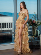 Princess A Line Off the Shoulder Corset Prom Dress with Lace Ruffles